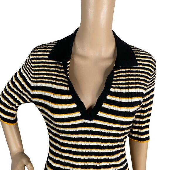 Theory Hudson Irregular Rib Dress M Black Ivory Gold Stripe Polo Collar Mini - Picture 6 of 12